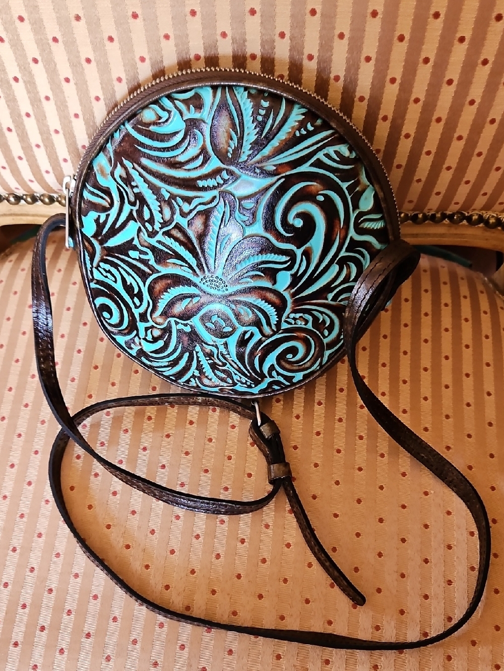 Patricia Nash Scafati Turquoise and Brown Tooled Leather Round Crossbody